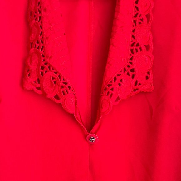 Vintage Paris Red Silky Open Blouse Sheer Plunging Neckline Embroidered Collar S - Picture 6 of 10